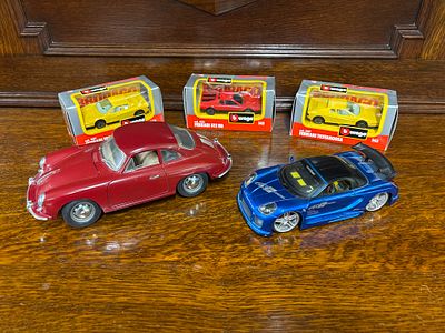 Three boxed Burago Ferrari, a Burago Porsche 356B (unboxed) together with a Toyota MR2 Spyder 
