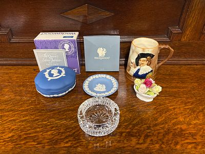 Two boxed items of Wedgwood, Coalport flowers, a Falcon Ware tankard and ashtray