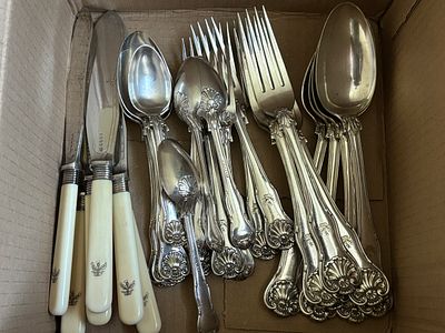 A box of assorted silver plated cutlery
