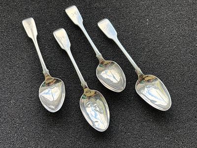 A set of four monogrammed Irish silver tea spoons, Dublin 1845, weighing 81 gm