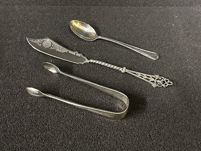HM Silver Knife, tongs and spoon weighing 59.65 gm in total