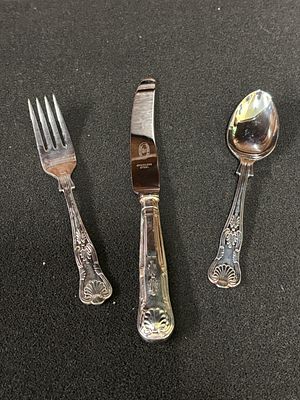 A silver plated, child size knife, fork &amp; spoon