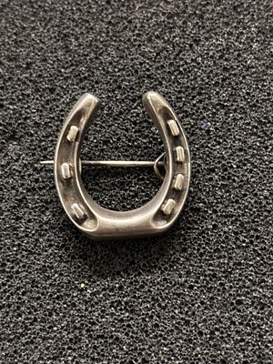 A silver brooch in the shape of a Horseshoe