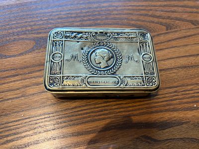 WWI British Military Princess Mary Christmas Gift Tin 1914. A rectangular brass gift tin 