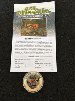 2014 Cook Islands $1 Age of the Dinosaurs Tyrannosaurus Rex Gold-Plated Copper Coin. A 2014 Cook 