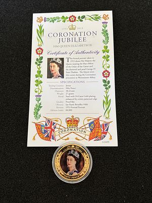 Jersey 2013 Coronation Jubilee 24 Carat Gold-Plated Round Fifty Pence Coin. A 2013 commemorative 