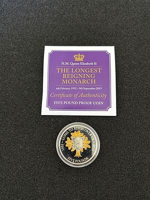 2015 Jersey Five Pound Longest Reigning Monarch Proof Coin. A 2015 Jersey five pound 