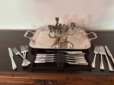 A Collection of Silver-Plated Tableware including a Twin-Handled Tray, Epergne Centrepiece, and 