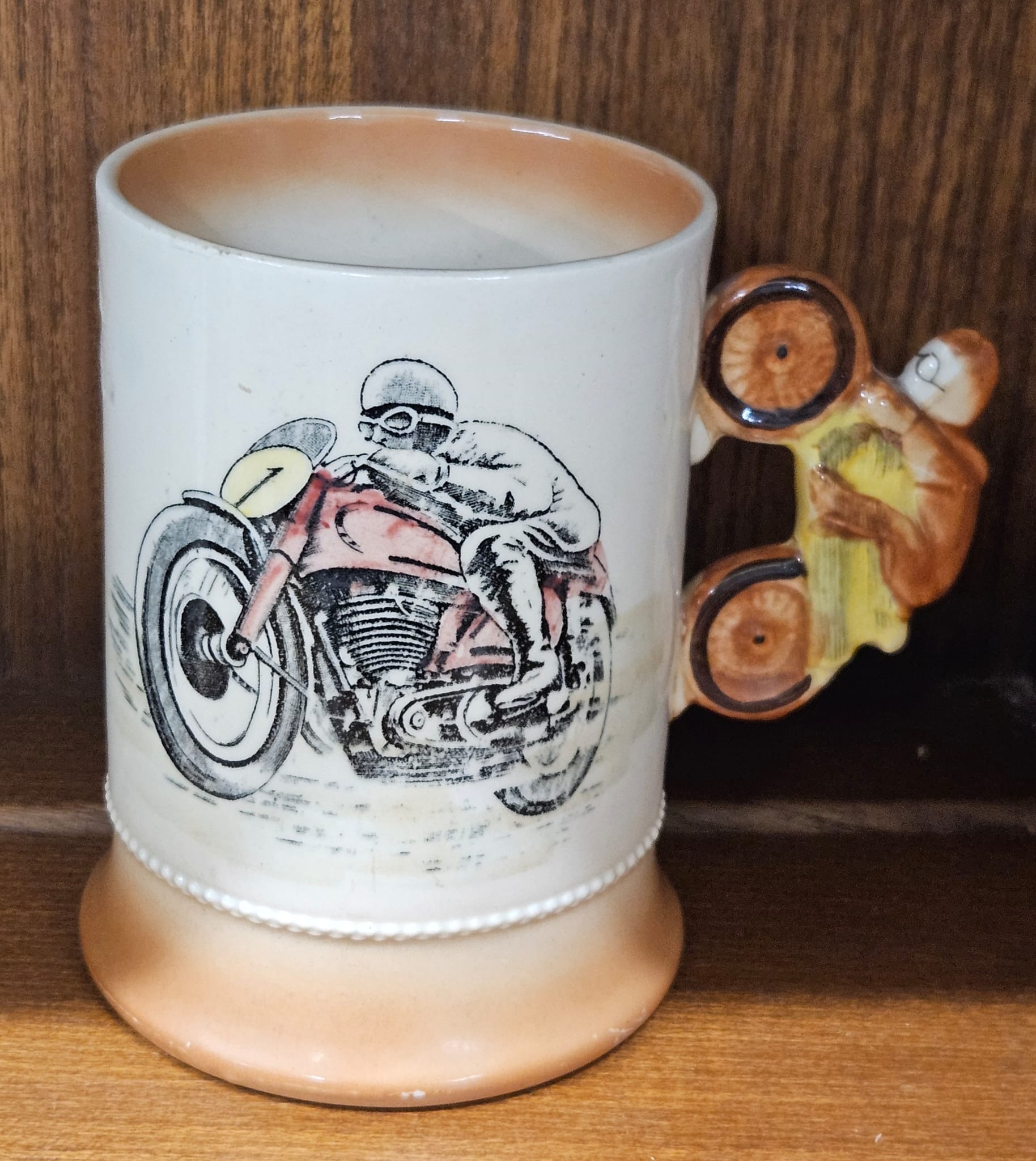 Arthur Wood Sports Series Tankard with Figural Motorcyclist Handle Signed Roger Bradwell