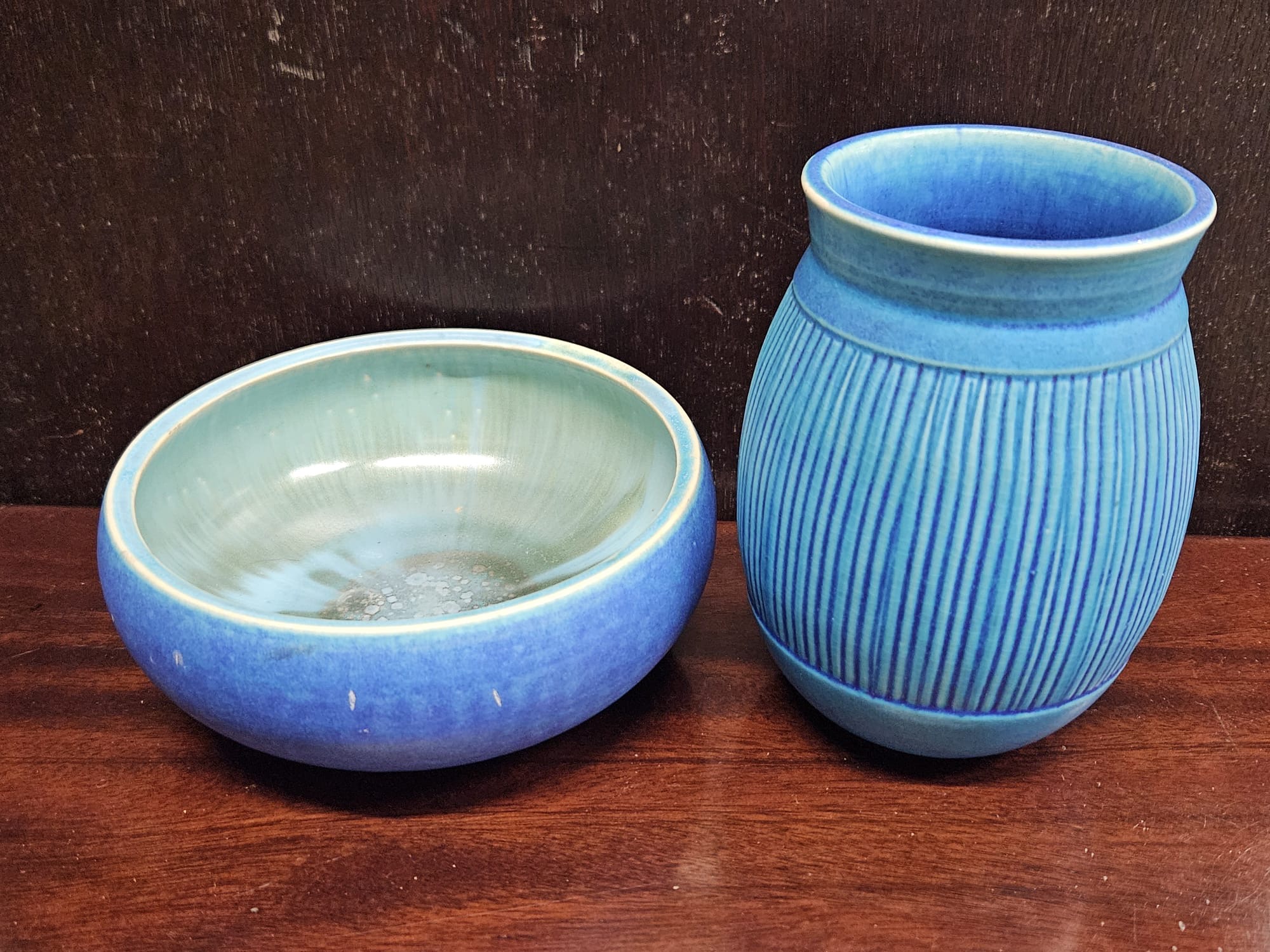 Two Pieces of Studio Pottery Cerulean Blue Glazed Vessels