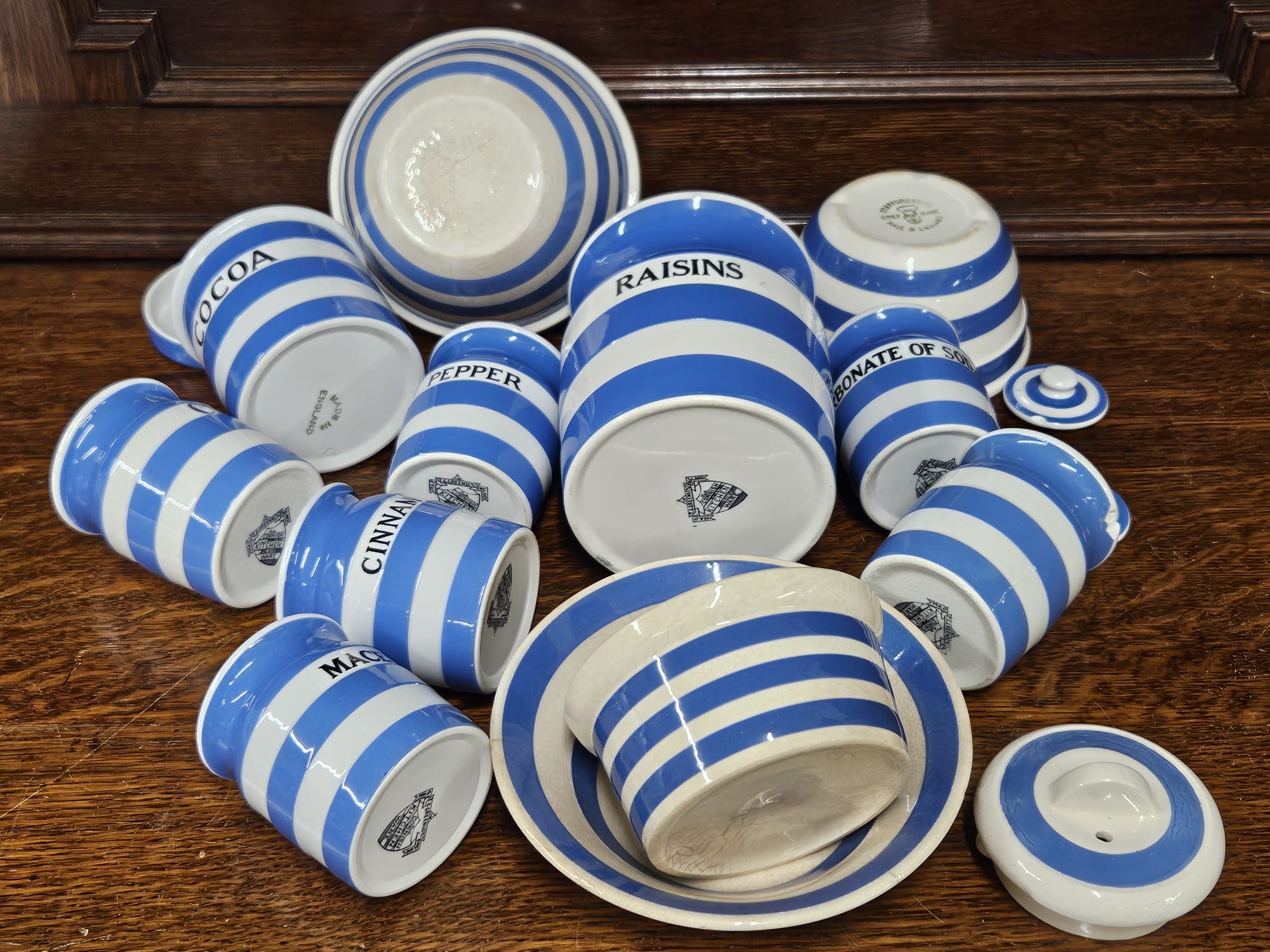 A Collection of T.G. Green Cornish Kitchen Ware and Staffordshire Chef Ware Blue and White Banded Earthenware