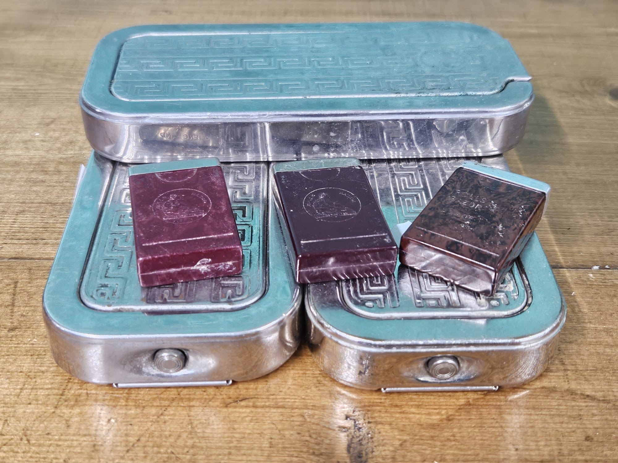 Three English Silver-Tone Shaving Sets and Bakelite Pocket Razor Boxes