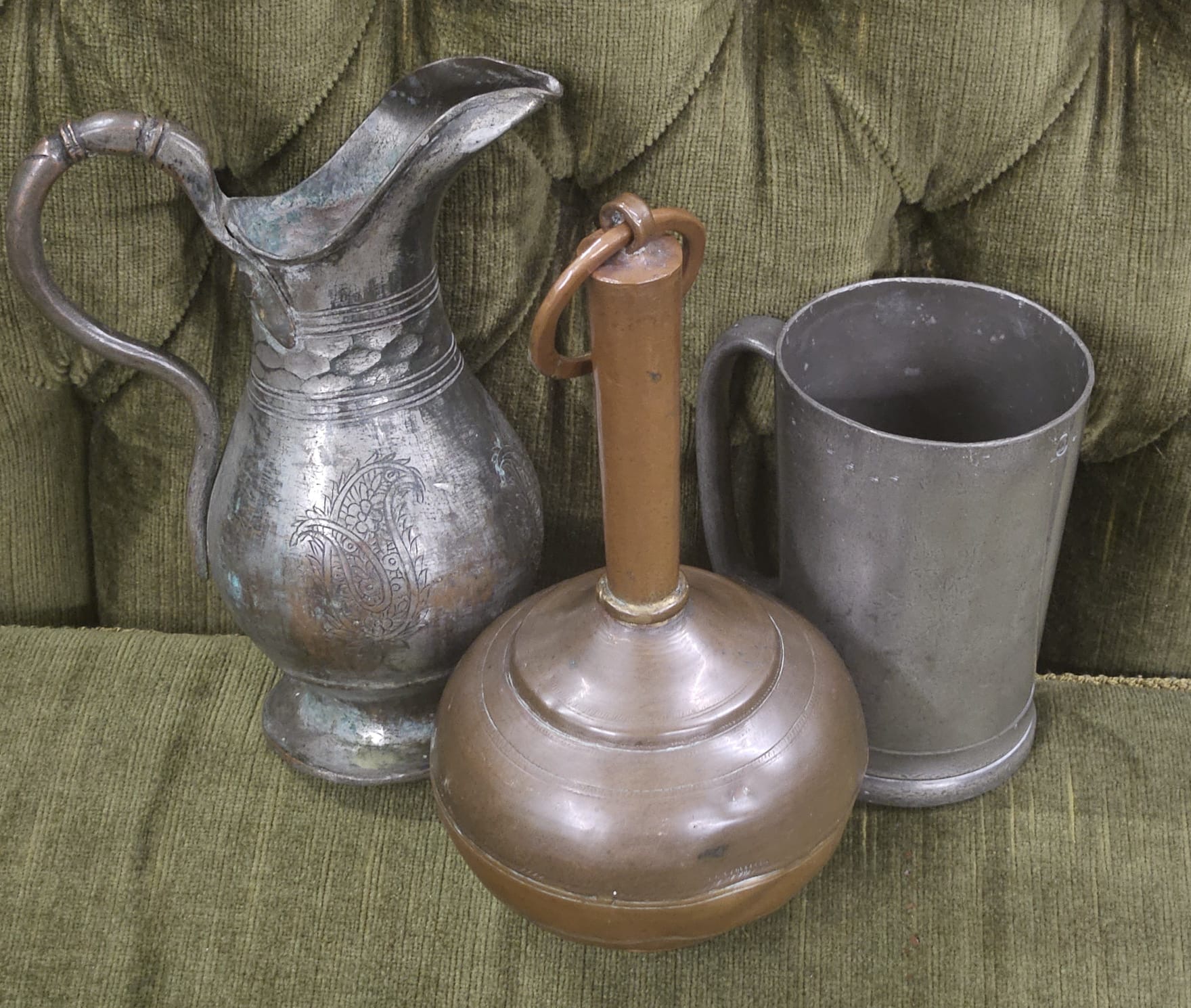 A Trio of Antique Metalware Vessels Including a Tinned Copper Aftaba and a Pewter Tankard