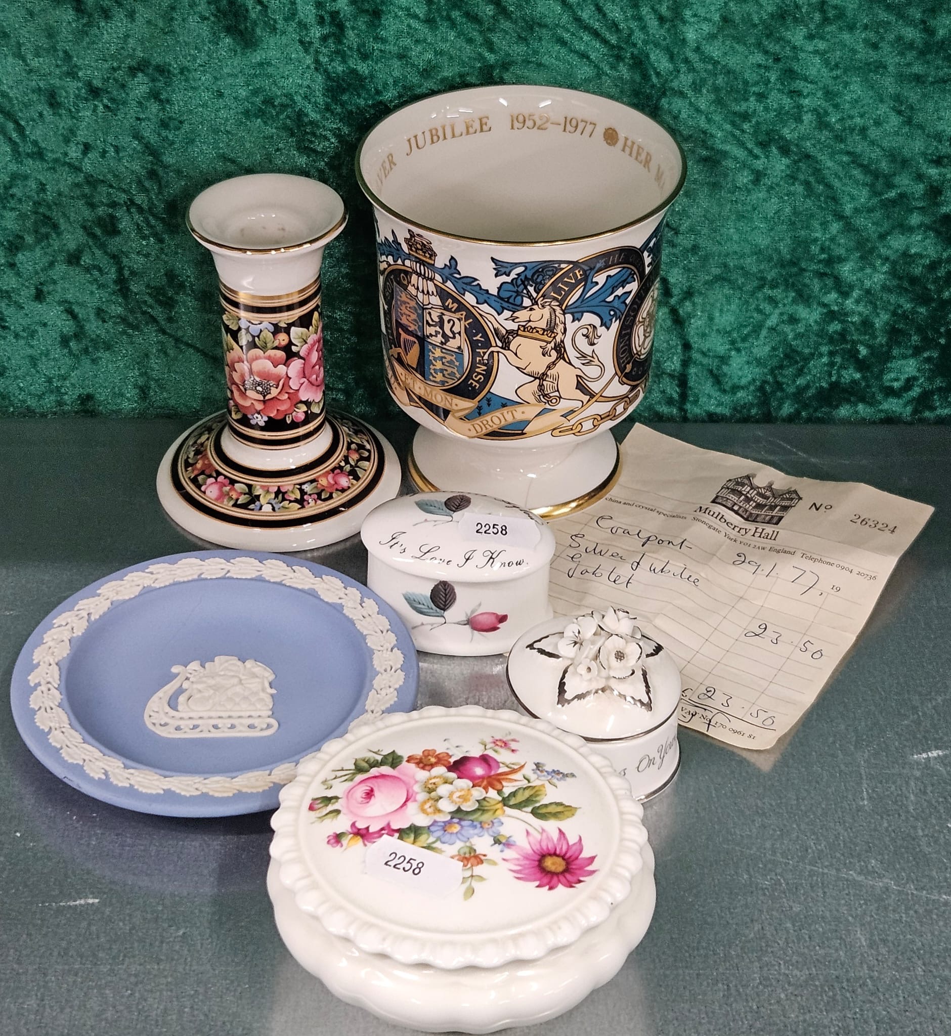 A Collection of British Decorative Ceramics including a Coalport Silver Jubilee Goblet and a Wedgwood Jasperware Plate