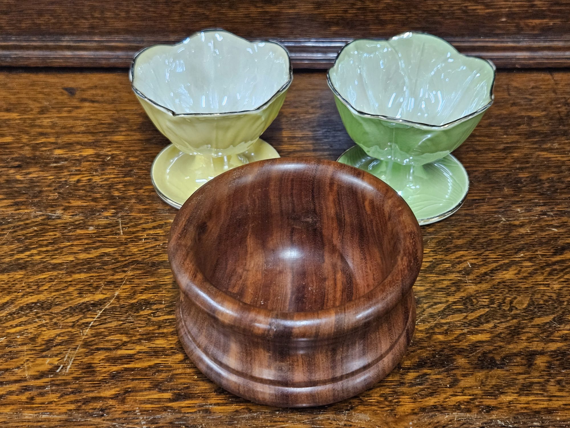 A Trio of Decorative Tableware Comprising a Pair of Maling Ceramic Dessert Bowls and a Turned Wood Bowl