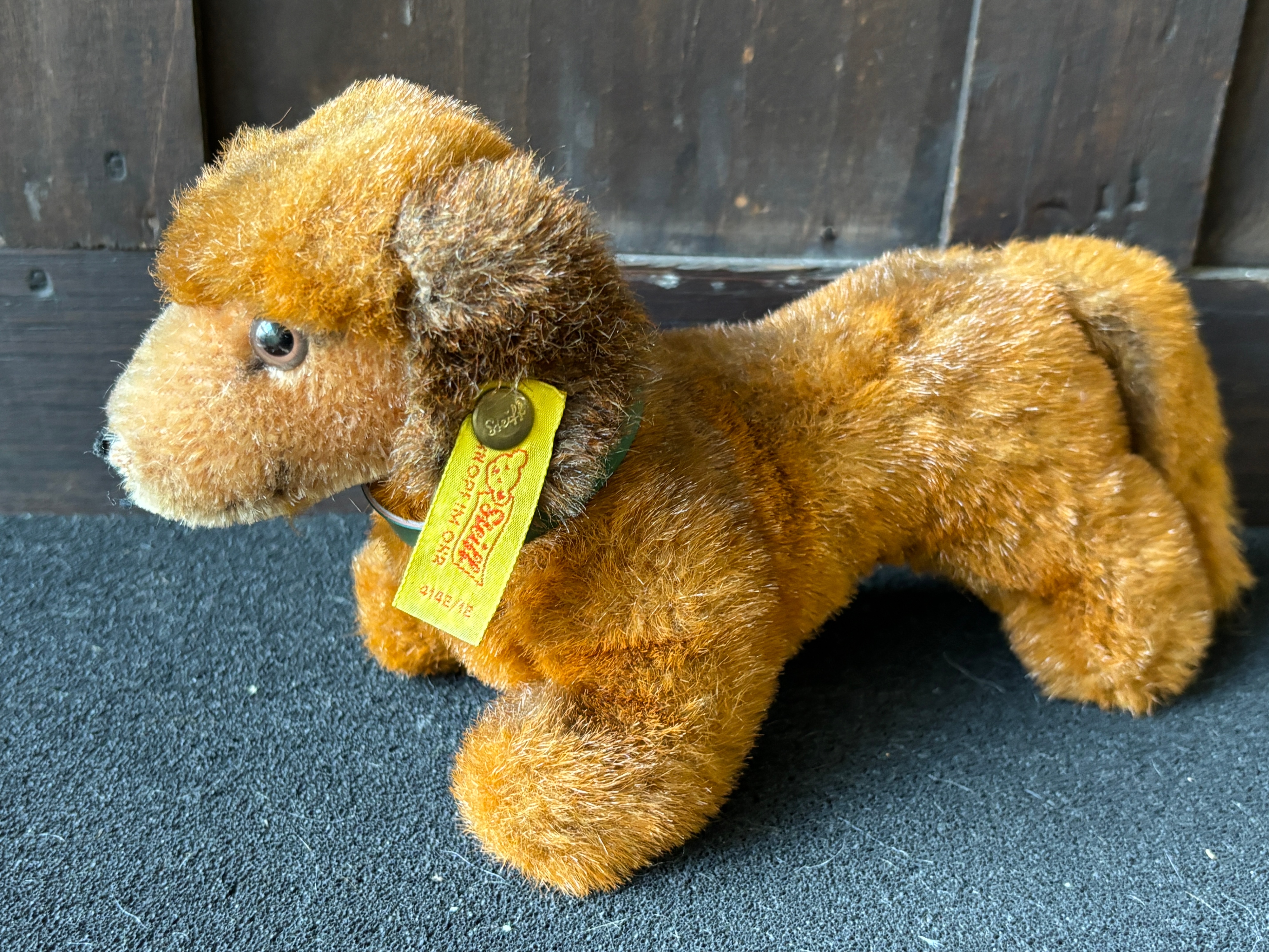 A vintage Steiff standing mohair dachshund dog model 0142/12 c 20 cm long