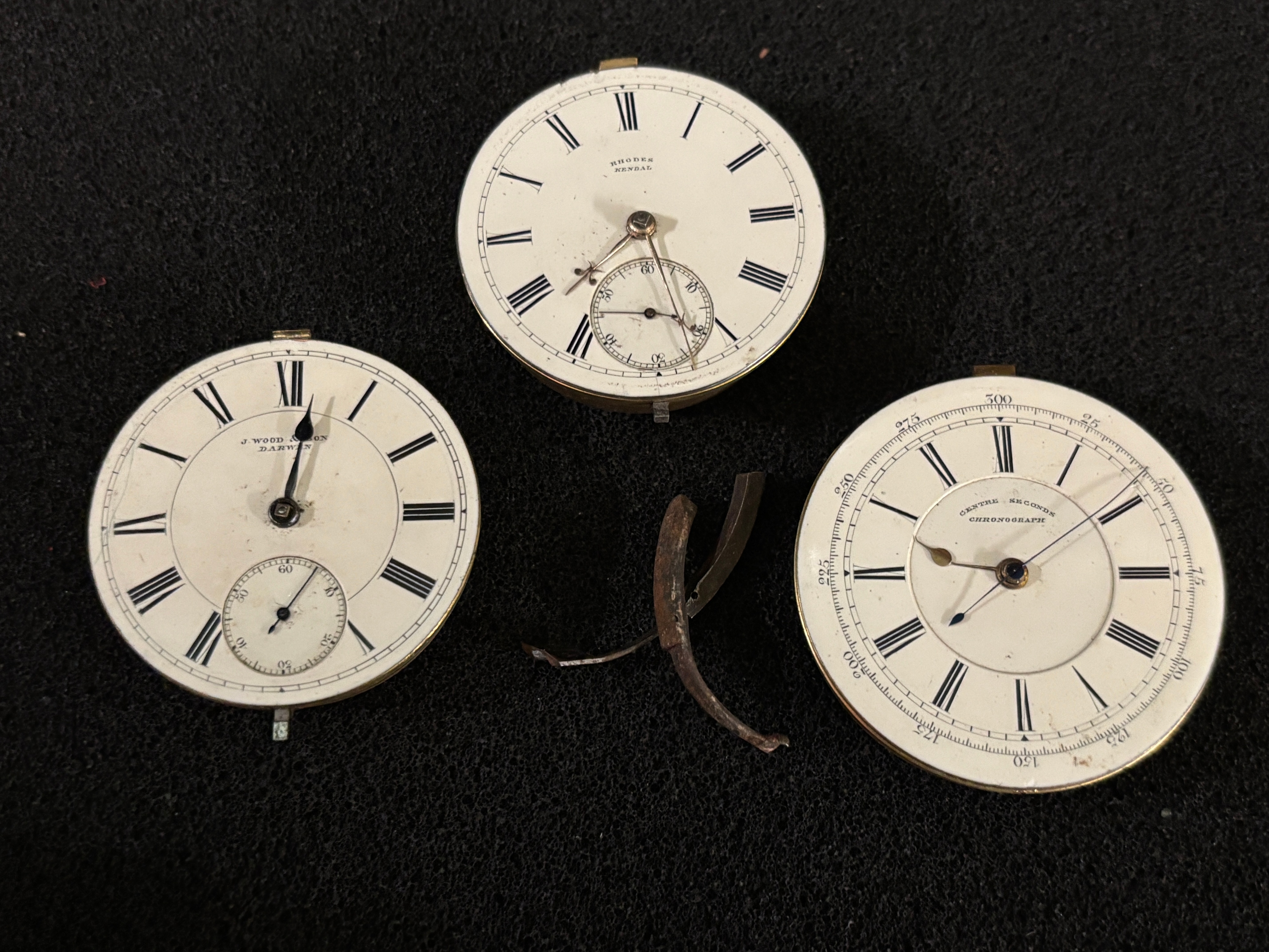 A Trio of Antique English Pocket Watch Movements including Rhodes of Kendal and J. Wood and Son of Darwen