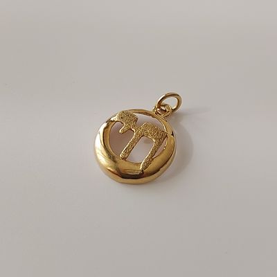 תליון חי זהב צהוב 14 קראט חתום, משקל 1.15 גרם, חי בגימור גס על מסגרת זהב חלקה. קוטר 1 ס"מ, כחדש.