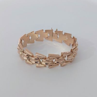 צמיד זהב צהוב 14 קראט חתום, משקל 18.63 גרם, חוליות טנק עבודת יד אירופאית ישנה, אורך 19 ס"מ 