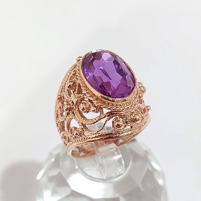 טבעת זהב צהוב 14 קראט חתומה, עבודה רוסית ישנה 583, משקל 12.20 גרם, טבעת גדולה ומאסיבית, מידה 