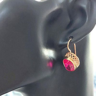 עגילי זהב אדום 14 קראט חתומים 583, עבודת יד רוסית ישנה, משקל 8.80 גרם, עגילים תלויים 2.8 ס"מ 