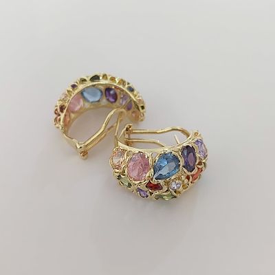 עגילי זהב צהוב 14 קראט חתומים, משקל 11.22 גרם, עבודת יד מרשימה סגנון חצי סהר, משובצת באבני חן - 