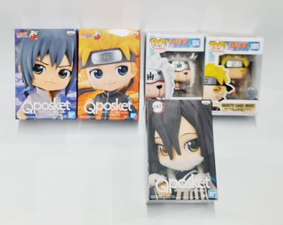 סט נארוטו, זוג בובות פופ ו 3 פסלים בנדאי הכל מסדרת נארוטו