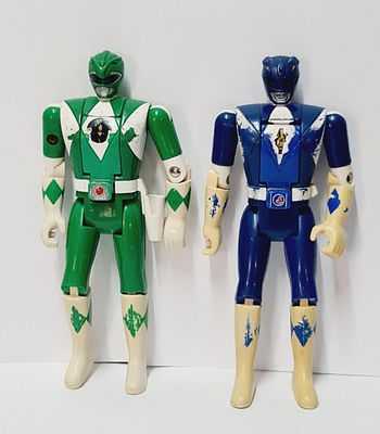 זוג דמויות נוסטלגיות פאוור רינג'רס ירוק וכחול עם ראש מסתובב, (ראה בתמונות) תוצרת בנדאי שנות התשעים