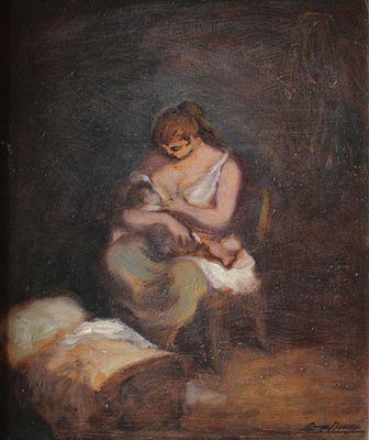 Enrique Navarro (20th century) - Woman breastfeeding a baby. Oil on táblex. Signed in the lower