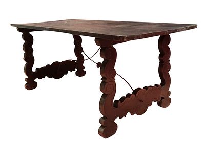 19th century Spanish table. Spanish table in solid wood with two legs and iron fasteners.