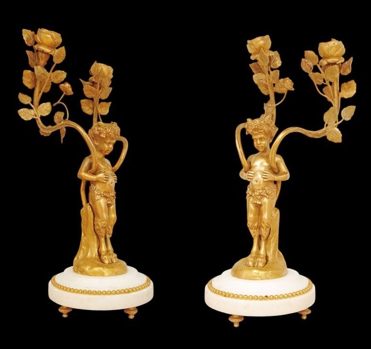 Anonymous, France, ca. 1880 - Anonymous France ca. 1880 - Pair of candlesticks. In gilt bronze and 