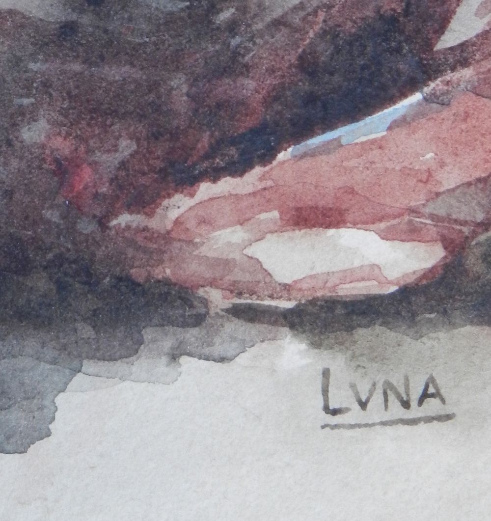 Juan Luna Novicio (1857-1899) - Young woman sitting. Watercolor on paper. Signed and underlined 