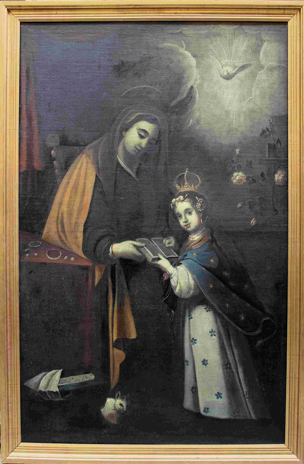 Anonymous Hispanic Colonial c. 1700 - St. Anne teaching the infant Virgin how to read. Oil on 