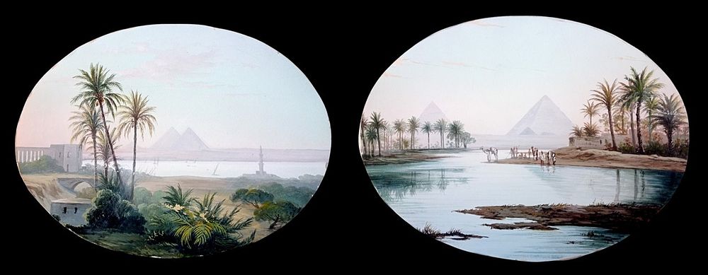 Views of the Pyramids of Giza, Egypt c. 1860/1880,pair of paintings. Tempera on cardboard. Both 