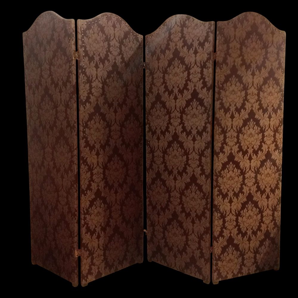 4-panel screen c. 1980. A four-panel screen made of wood and covered with elegant fabric. The 