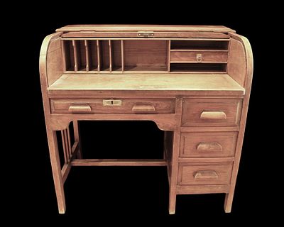 Roller shutter desk - Anonymous d. 1930. Desk unit made from oak wood. It has a top cover that 