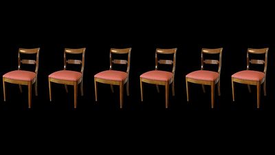 Set of 6 chairs, ca. 1970. Set of 6 Directory style beechwood dining chairs. Spanish work h. 