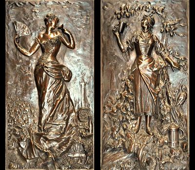 Anonymous French ca. 1890 - Female Allegories, couple. Pair of high reliefs made in bronze. 