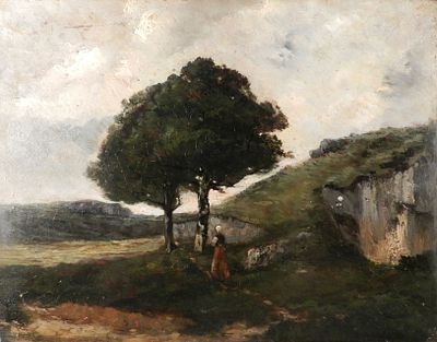 Anonymous French 19th-20th century - Landscape (Barbizon School). Oil on panel. With carved 