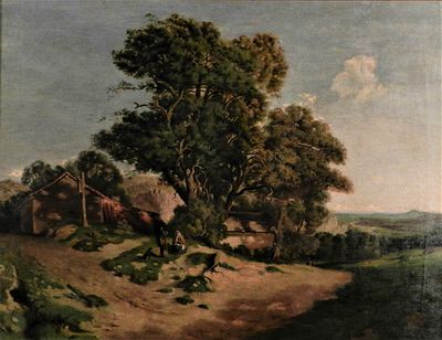 Anonymous 19th century European or French - Landscape with tree. Oil on canvas. Frame in carved 