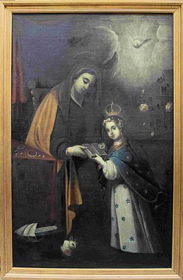Anonymous Hispanic Colonial c. 1700 - St. Anne teaching the infant Virgin how to read. Oil on 