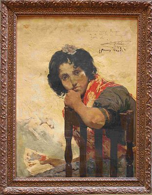 Illegible signature - Maldita Vida. Spanish school c. 1930. Painting showing a gypsy woman with 
