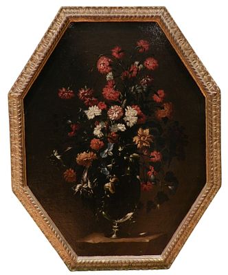 Circle of Bartolom&eacute; P&eacute;rez (Madrid ca. 1634-1698) - Vase. Oil on canvas. Vertical octagonal 