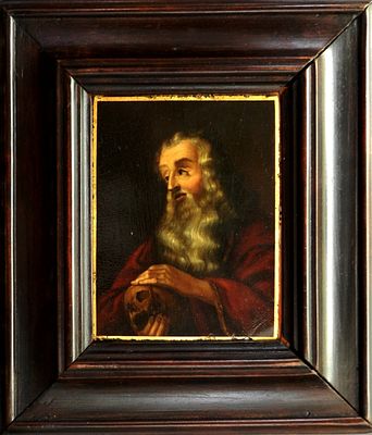 17th-18th century Anonymous European - St. Jerome. Painting on metal. With smooth period wooden 