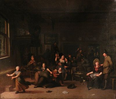 Cornelis Dusart (1660-1704). Indoor scene with characters. Oil on canvas. Size: 48,8 x 57,2 cm. 