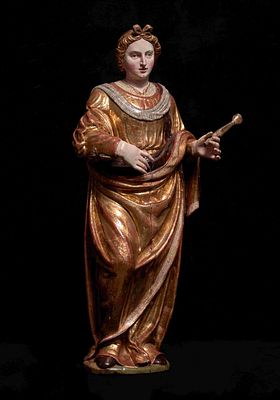 Anonymous, 16th-century Spain – Saint. A sculpture depicting a saint, carved from wood and 