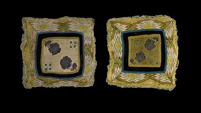 Pair of antique cushions. Date unknown. A pair of petit point cushions. Decorated with a pair of 