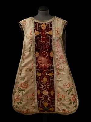 Chasuble, 16th–18th centuries. A chasuble in embroidered silk, with matching bands on both the 