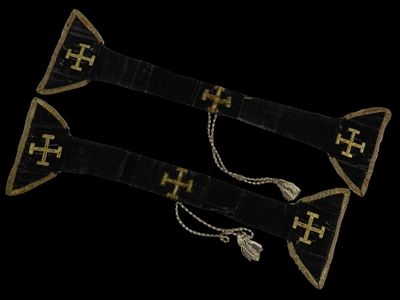 Pair of candlesticks. Spain, 19th century. A pair of purple velvet mace-heads, each with three 