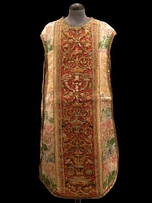 Chasuble, c. 1580 and c. 1760. A chasuble in embroidered silk with central panels dating from 